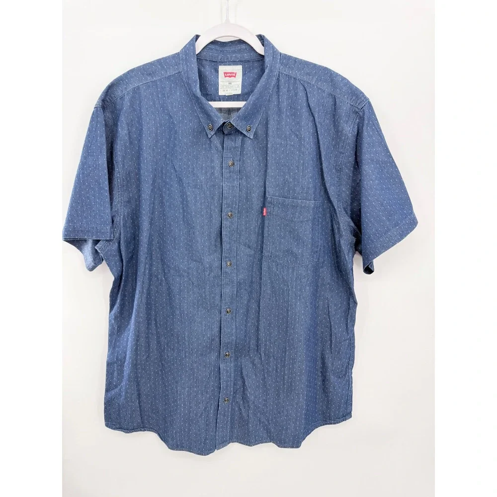 Levi's Button Down Cayman's Mens Shirt XXL‎ Blue Polka Dot Short Sleeve Denim
